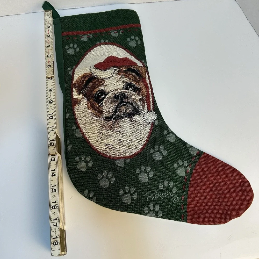 Bulldog‎ Santa Hat Dog Christmas Stocking Tapestry Holiday Linda Pickens Artist